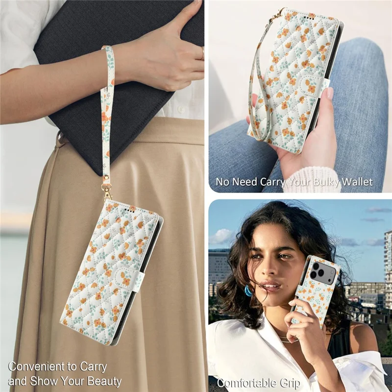 Funda tipo cartera para iPhone 17 Pro con diseño floral romboidal de cuero y correa - A3