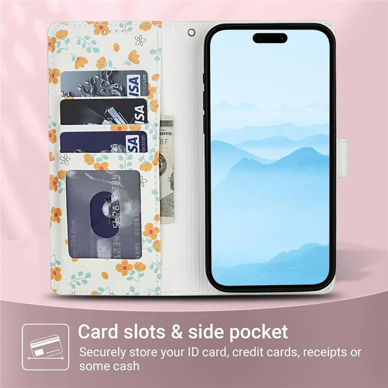 Funda tipo cartera para iPhone 17 Pro con diseño floral romboidal de cuero y correa - A3