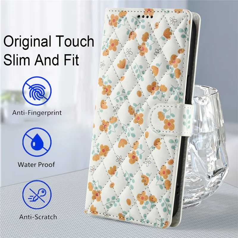 Funda tipo cartera para iPhone 17 Pro con diseño floral romboidal de cuero y correa - A3