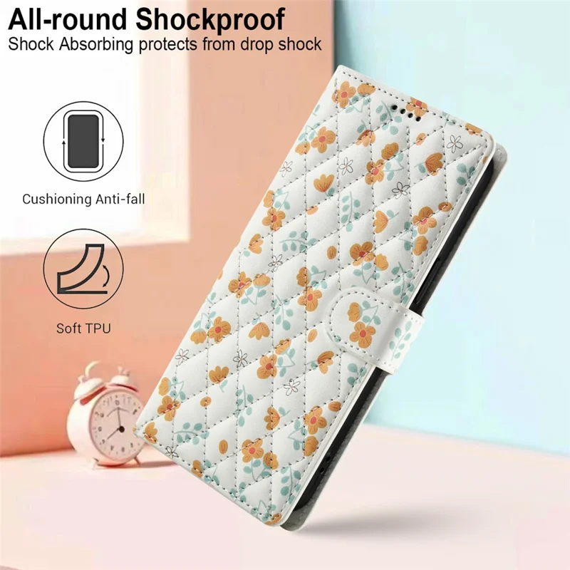 Funda tipo cartera para iPhone 17 Pro con diseño floral romboidal de cuero y correa - A3
