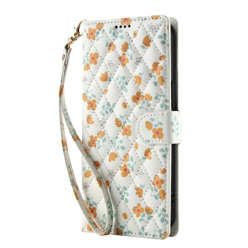 For iPhone 18 Pro Max / 17 Pro Max Wallet Case Rhombic Floral Design Leather Flip Phone Cover with Strap - A3