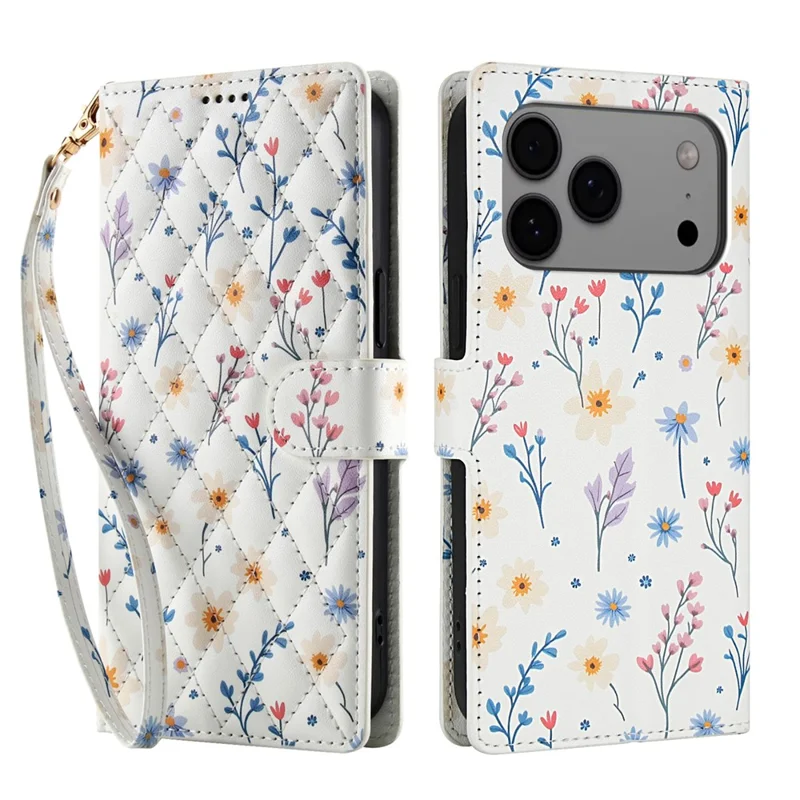 For iPhone 17 Pro Max Wallet Case Rhombic Floral Design Leather Flip Phone Cover with Strap - A2