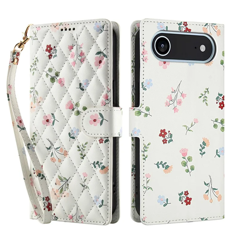 Cover a portafoglio per iPhone 17 con design floreale a rombi, in pelle con cinturino - A1