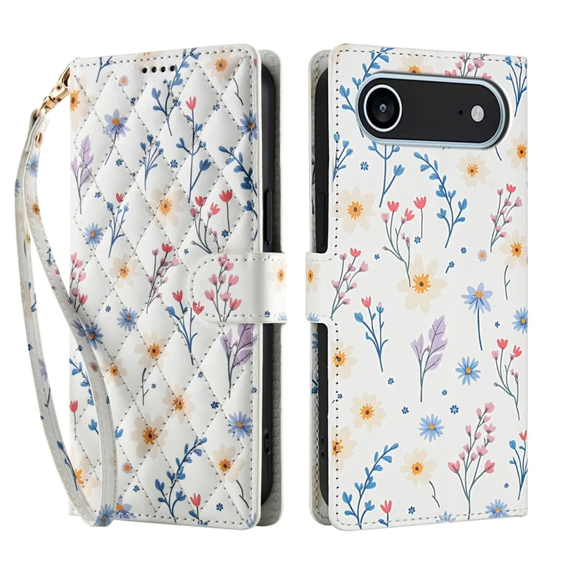 For iPhone Air Wallet Case Rhombic Floral Design Leather Flip Phone Cover with Strap - A2