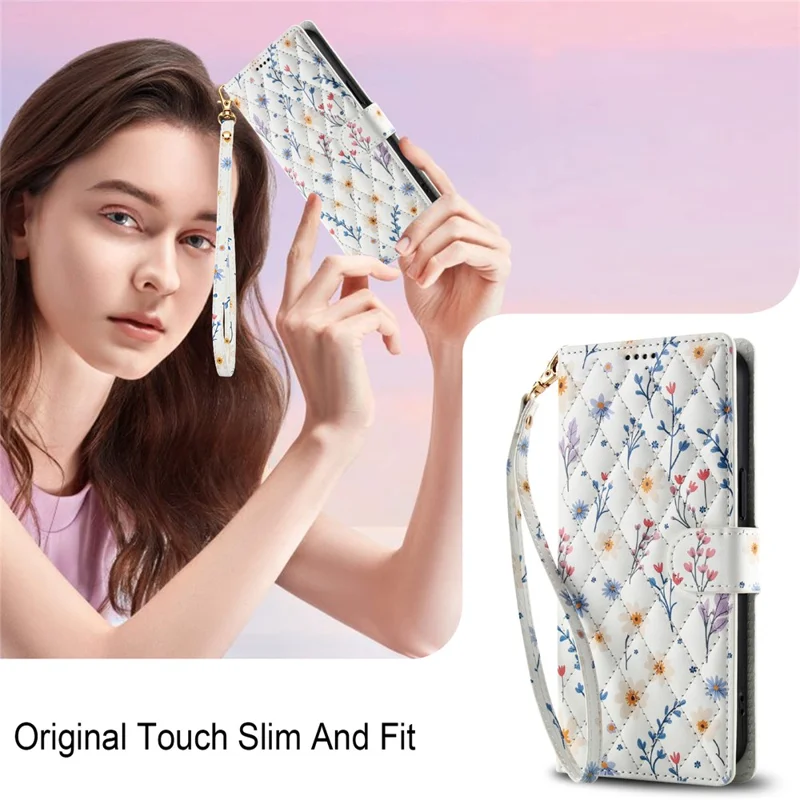 For iPhone 16 Pro Max Wallet Case Rhombic Floral Design Leather Flip Phone Cover with Strap - A2