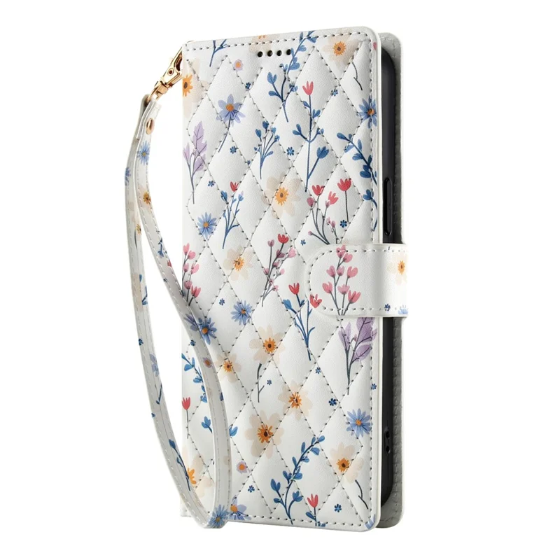 For iPhone 16 Pro Max Wallet Case Rhombic Floral Design Leather Flip Phone Cover with Strap - A2