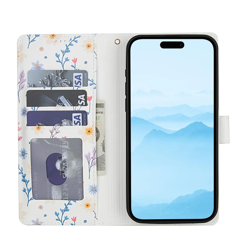 For iPhone 16 Pro Max Wallet Case Rhombic Floral Design Leather Flip Phone Cover with Strap - A2