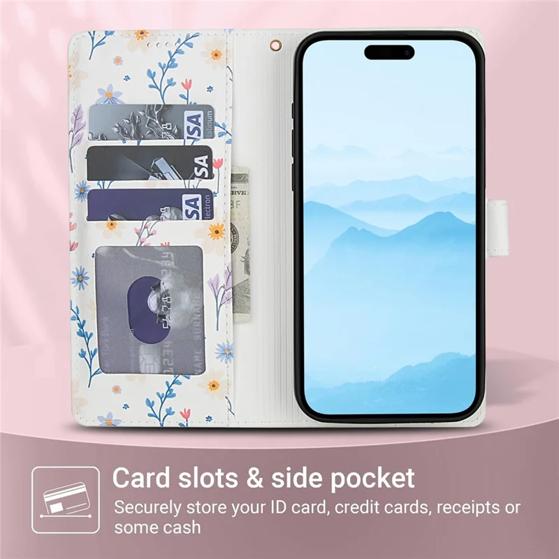 For iPhone 16 Pro Max Wallet Case Rhombic Floral Design Leather Flip Phone Cover with Strap - A2