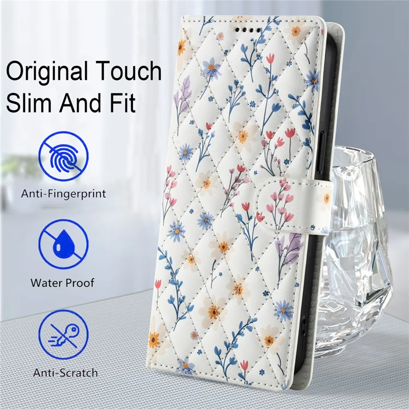 For iPhone 16 Pro Max Wallet Case Rhombic Floral Design Leather Flip Phone Cover with Strap - A2