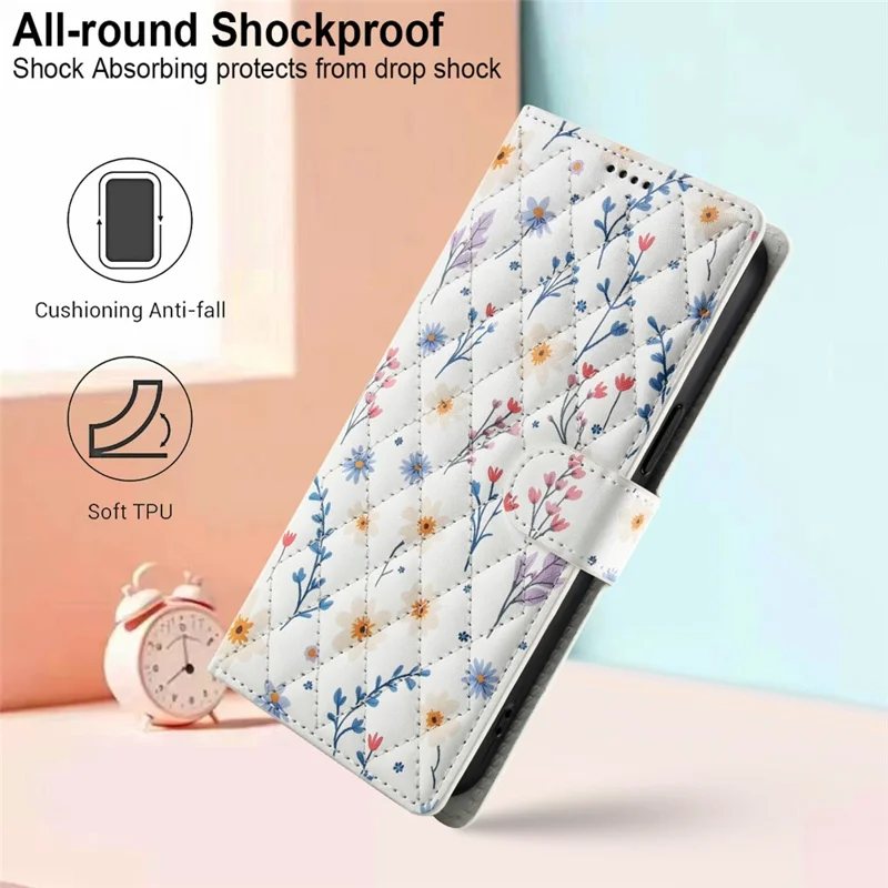 For iPhone 16 Pro Max Wallet Case Rhombic Floral Design Leather Flip Phone Cover with Strap - A2