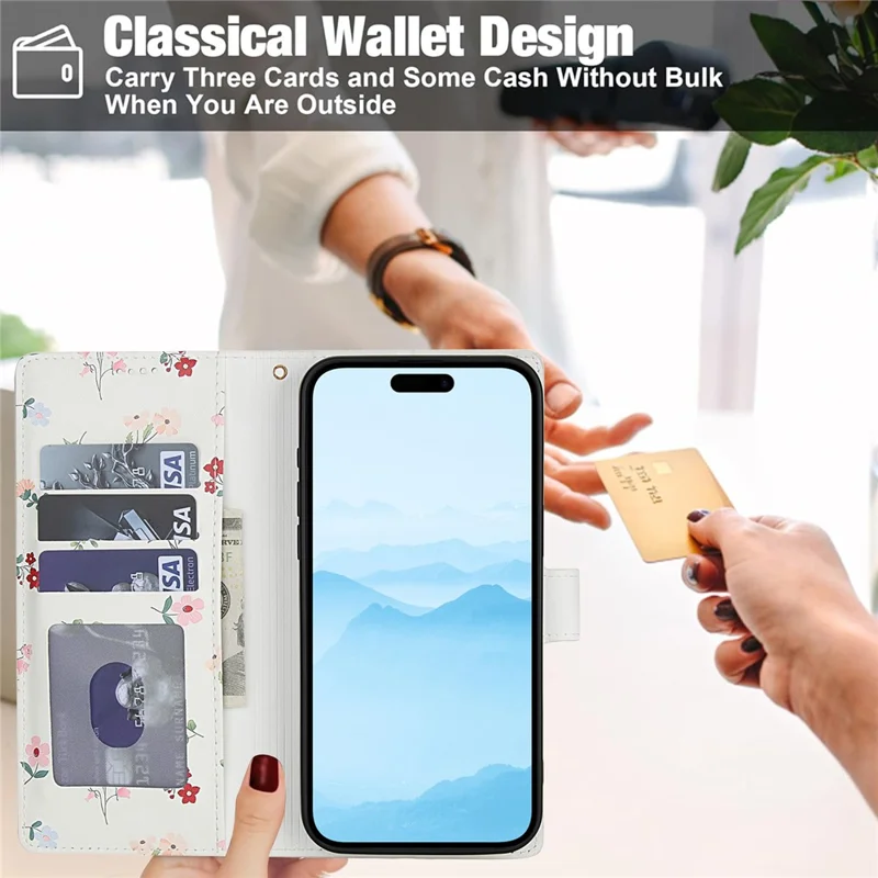 For iPhone 16 Pro Wallet Case Rhombic Floral Design Leather Flip Phone Cover with Strap - A1