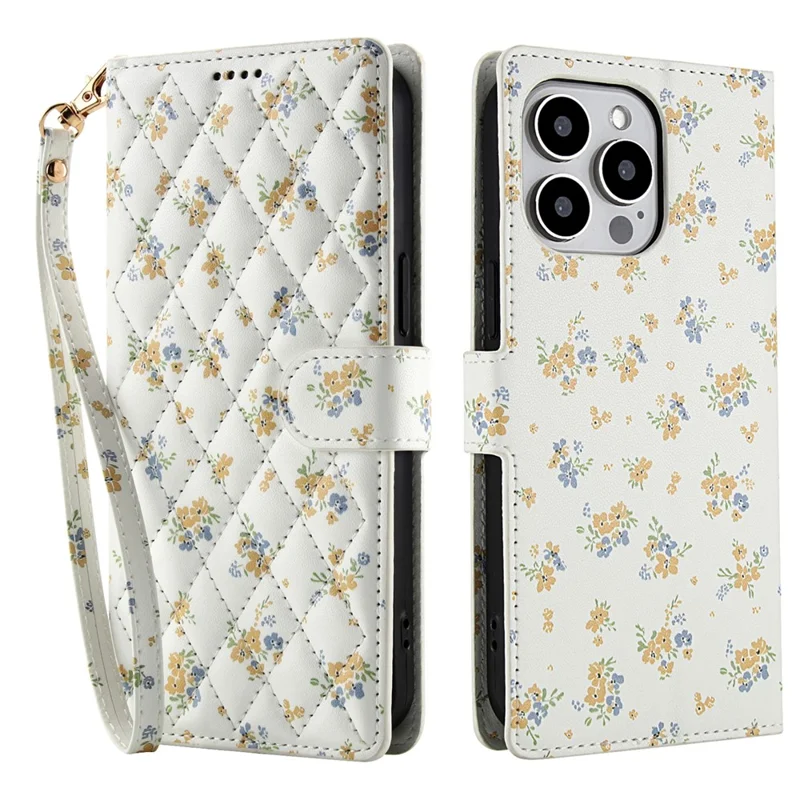 Cover a portafoglio per iPhone 16 Pro con design floreale romboidale, in pelle con cinturino - A5