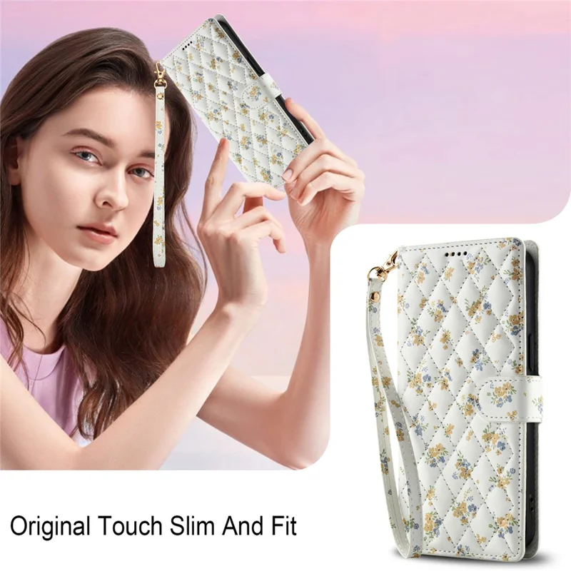 Cover a portafoglio per iPhone 16 Pro con design floreale romboidale, in pelle con cinturino - A5