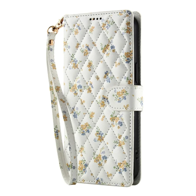 Cover a portafoglio per iPhone 16 Pro con design floreale romboidale, in pelle con cinturino - A5