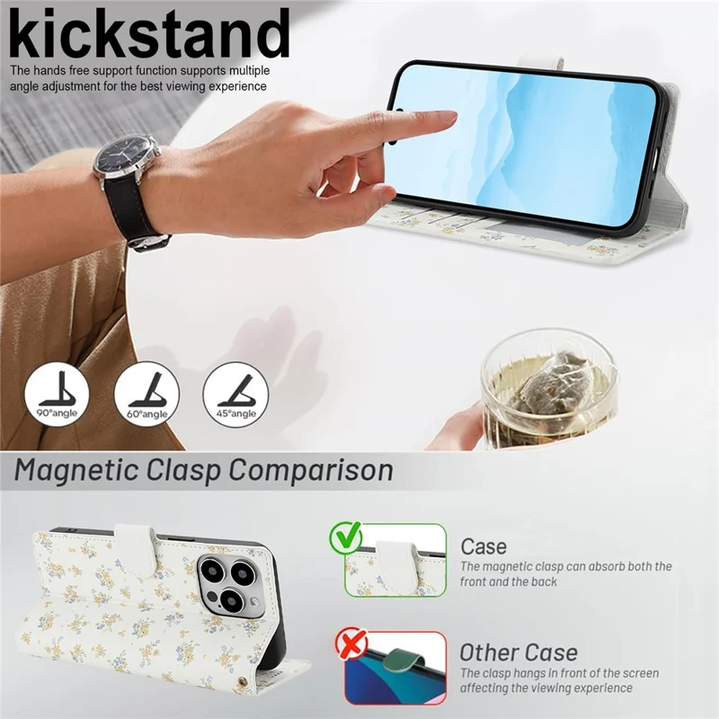 Cover a portafoglio per iPhone 16 Pro con design floreale romboidale, in pelle con cinturino - A5