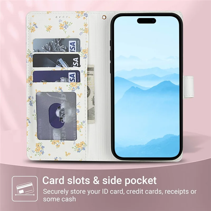 Cover a portafoglio per iPhone 16 Pro con design floreale romboidale, in pelle con cinturino - A5