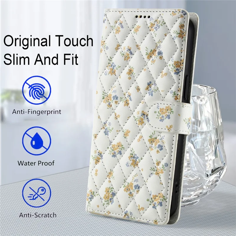 Cover a portafoglio per iPhone 16 Pro con design floreale romboidale, in pelle con cinturino - A5
