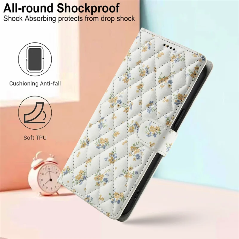 Cover a portafoglio per iPhone 16 Pro con design floreale romboidale, in pelle con cinturino - A5