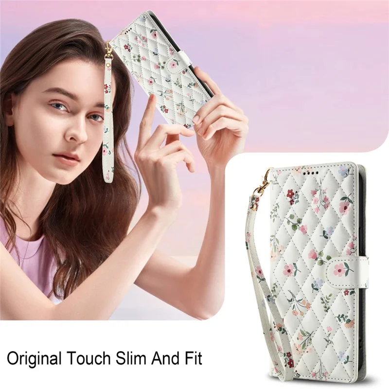 For iPhone 16 Plus Wallet Case Rhombic Floral Design Leather Flip Phone Cover with Strap - A1