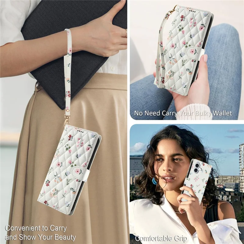 For iPhone 16 Plus Wallet Case Rhombic Floral Design Leather Flip Phone Cover with Strap - A1
