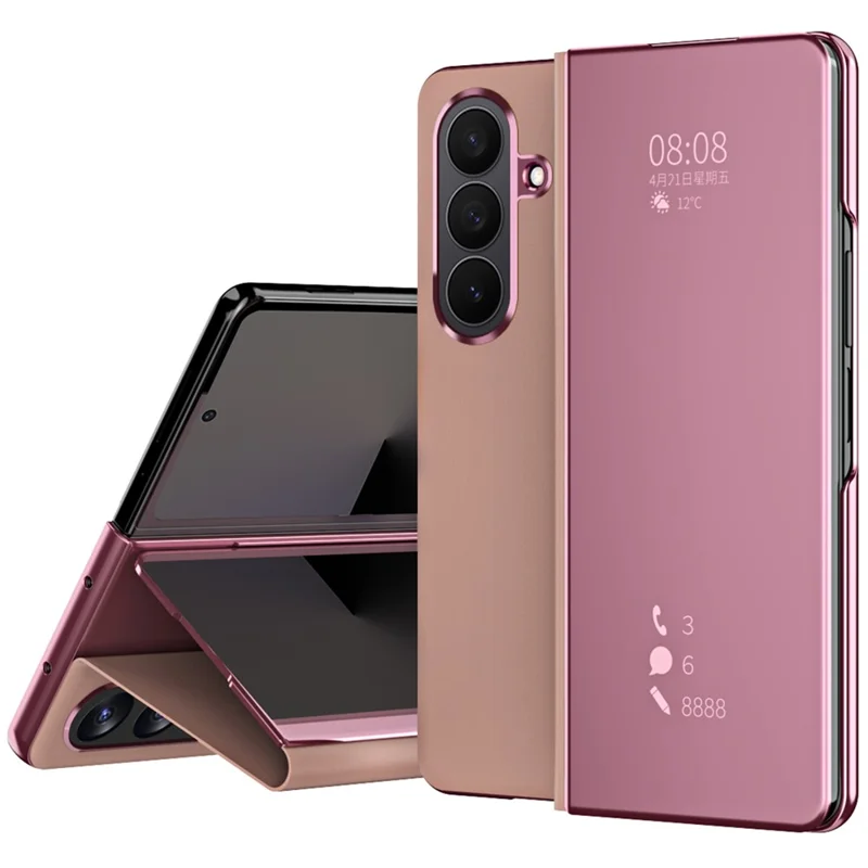 Für Samsung Galaxy Z Fold7 5G Hülle mit Elektroplatierung, Sichtfenster, Ständer und Leder-Handyhülle - Rosa