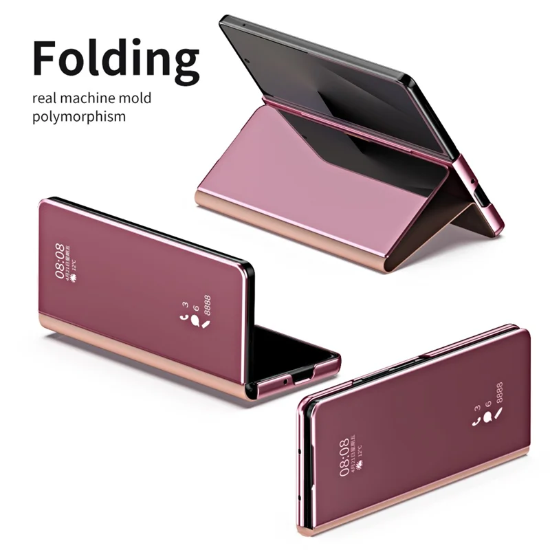 Für Samsung Galaxy Z Fold7 5G Hülle mit Elektroplatierung, Sichtfenster, Ständer und Leder-Handyhülle - Rosa