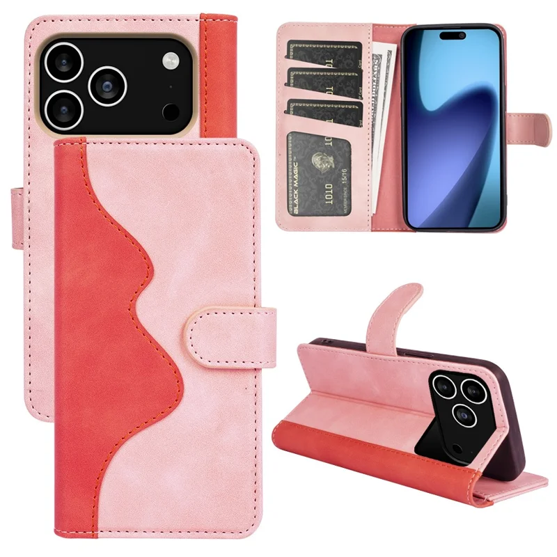 For iPhone 17 Pro Max Wallet Case Leather Phone Cover Splicing Color - Pink