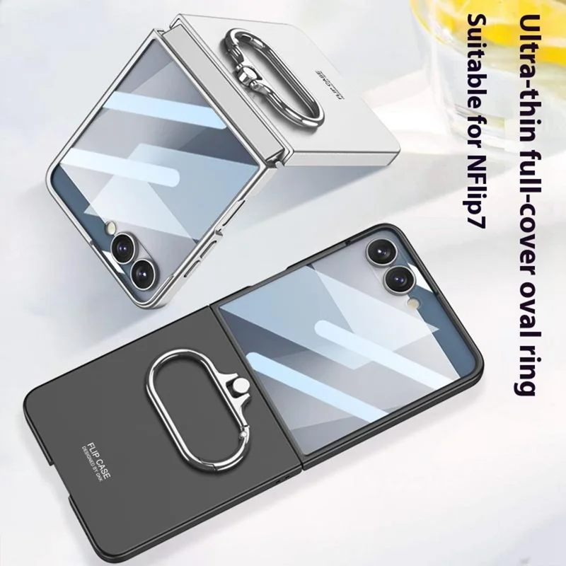 GKK For Samsung Galaxy Z Flip7 5G Case Oval Kickstand Hard PC Phone Back Cover with Small Film - Silver