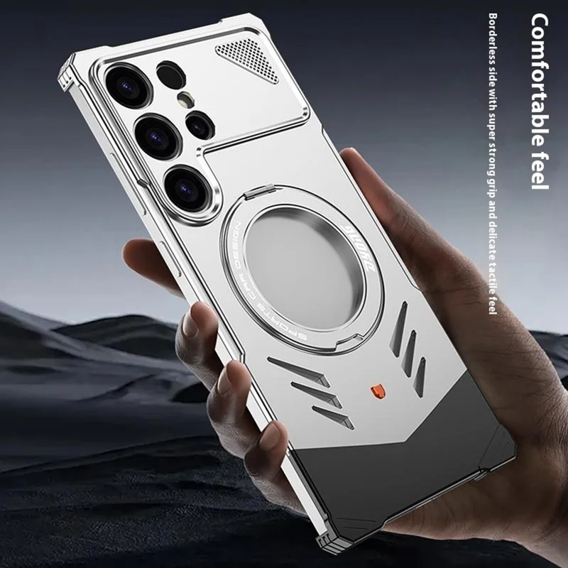 Capa de Metal para Samsung Galaxy S25 Ultra Sem Moldura com Dissipação de Calor e Suporte - Cinza Titânio