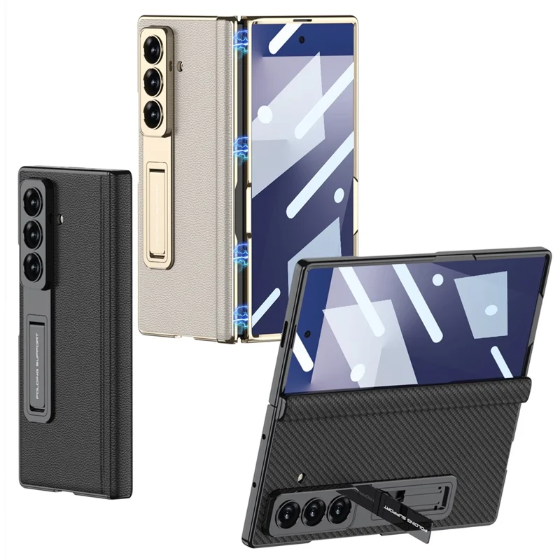 GKK For Samsung Galaxy Z Fold7 5G Case with Kickstand PU PC Tempered Glass Protective Phone Cover - Black