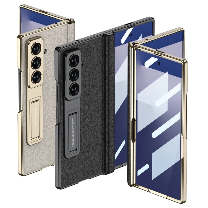 GKK For Samsung Galaxy Z Fold7 5G Case with Kickstand PU PC Tempered Glass Protective Phone Cover - Black