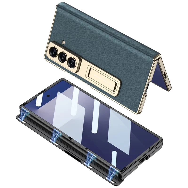 GKK For Samsung Galaxy Z Fold7 5G Case with Kickstand PU PC Tempered Glass Protective Phone Cover - Black