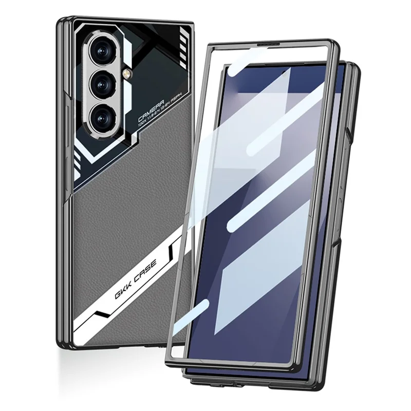 GKK для Samsung Galaxy Z Fold7 5G магнитный чехол с электролитическим ПК + закаленное стекло + кожаная обложка для телефона - Серый