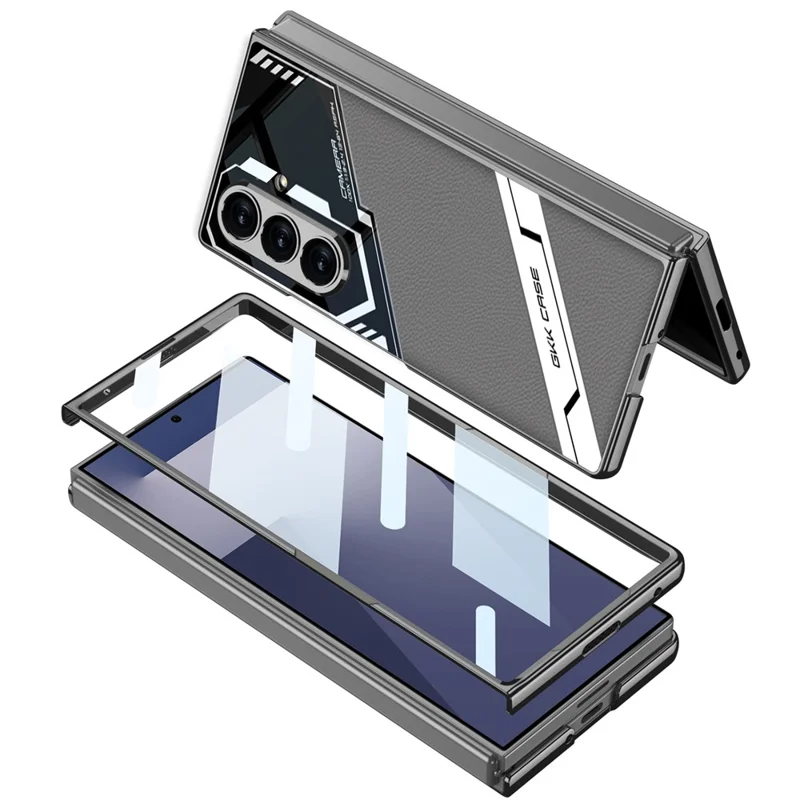 GKK для Samsung Galaxy Z Fold7 5G магнитный чехол с электролитическим ПК + закаленное стекло + кожаная обложка для телефона - Серый