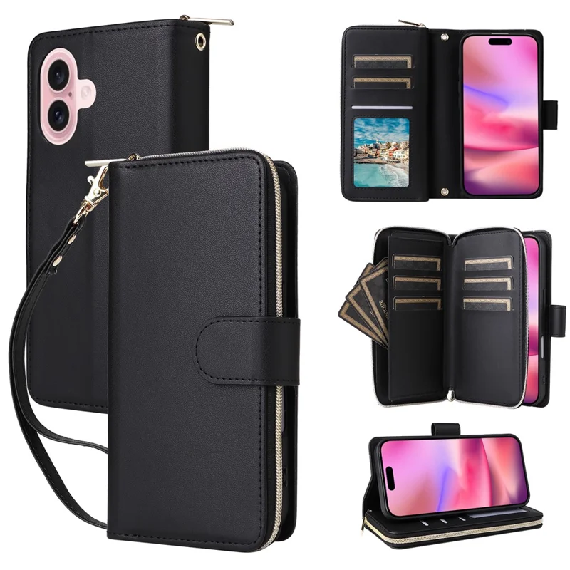 Capa para iPhone 17 com 9 Compartimentos para Cartões, Bolso com Zíper, Couro Sintético com Alça de Pulso - Preto