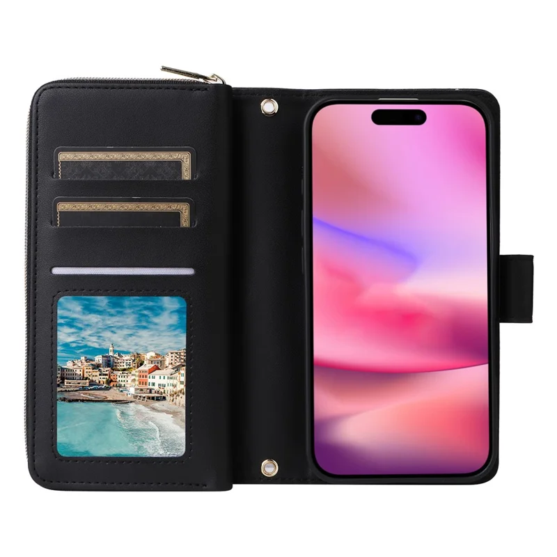 Capa para iPhone 17 com 9 Compartimentos para Cartões, Bolso com Zíper, Couro Sintético com Alça de Pulso - Preto