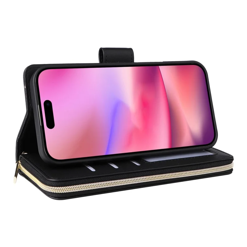 Capa para iPhone 17 com 9 Compartimentos para Cartões, Bolso com Zíper, Couro Sintético com Alça de Pulso - Preto