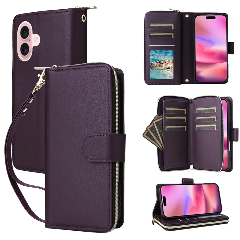 For iPhone 17 Case 9 Card Slots Zipper Pocket PU Leather Cover with Wrist Strap - Dark Purple