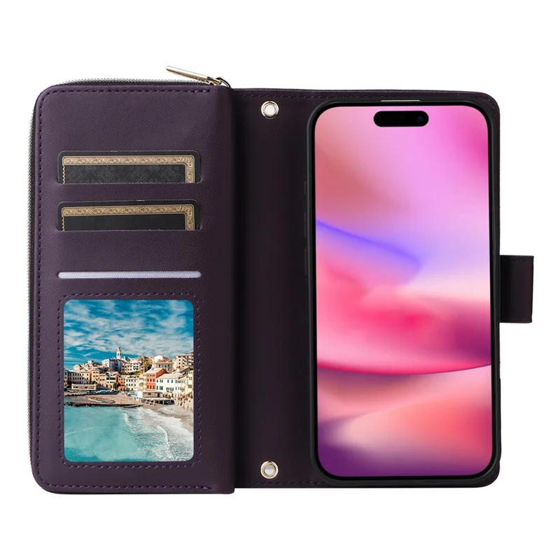 For iPhone 17 Case 9 Card Slots Zipper Pocket PU Leather Cover with Wrist Strap - Dark Purple