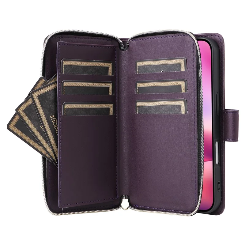 For iPhone 17 Case 9 Card Slots Zipper Pocket PU Leather Cover with Wrist Strap - Dark Purple