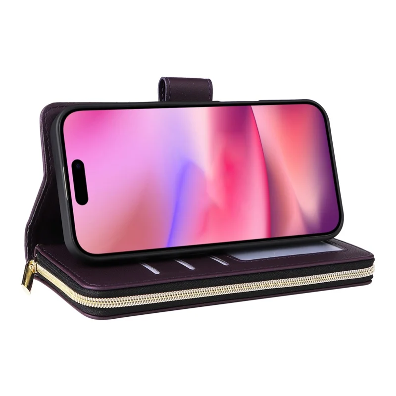 For iPhone 17 Case 9 Card Slots Zipper Pocket PU Leather Cover with Wrist Strap - Dark Purple