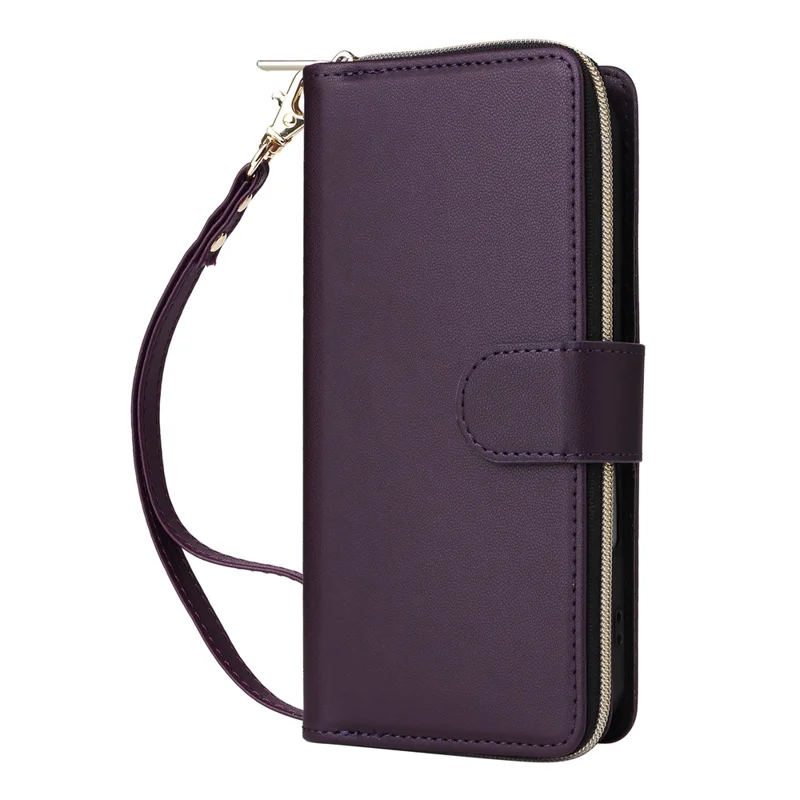 For iPhone 17 Case 9 Card Slots Zipper Pocket PU Leather Cover with Wrist Strap - Dark Purple