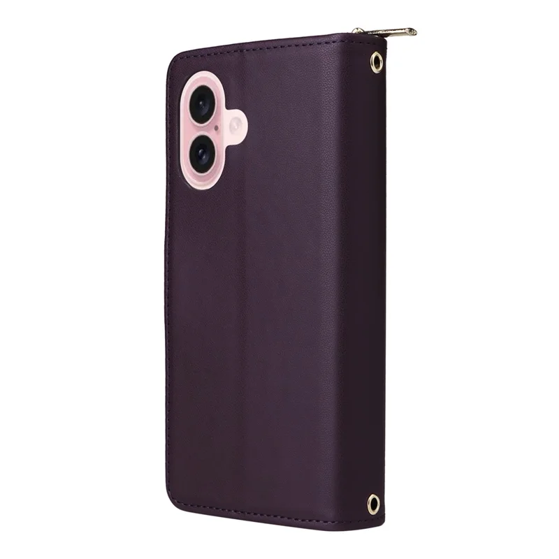 For iPhone 17 Case 9 Card Slots Zipper Pocket PU Leather Cover with Wrist Strap - Dark Purple