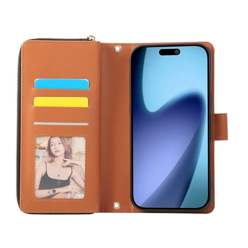 Чехол для iPhone 17 Air с 9 отделениями для карт, молнией, кожаный чехол с ремешком на запястье - коричневый
