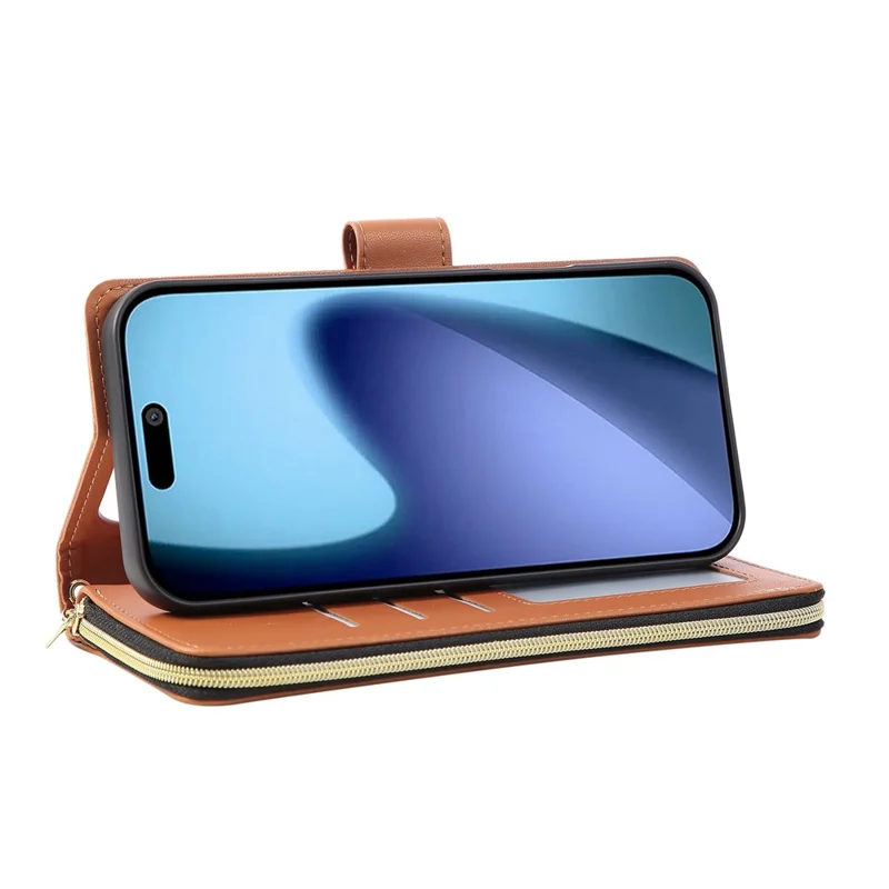 Für iPhone 17 Pro Hülle 9 Kartenfächer Reißverschlusstasche PU-Leder Cover mit Handgelenkschlaufe - Braun