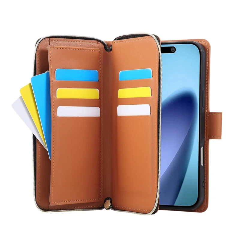 For iPhone 17 Pro Max Case 9 Card Slots Zipper Pocket PU Leather Cover with Wrist Strap - Brown