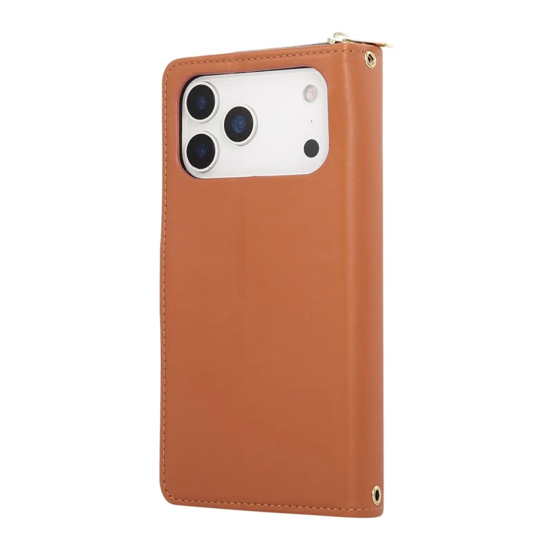 For iPhone 17 Pro Max Case 9 Card Slots Zipper Pocket PU Leather Cover with Wrist Strap - Brown