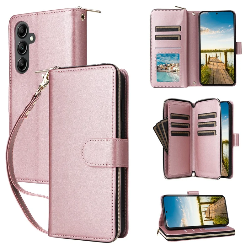 For Samsung Galaxy A17 5G / A26 5G Case 9 Card Slots Zipper Pocket PU Leather Phone Cover with Wrist Strap - Rose Gold