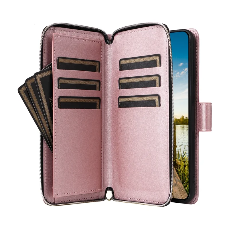 For Samsung Galaxy A17 5G / A26 5G Case 9 Card Slots Zipper Pocket PU Leather Phone Cover with Wrist Strap - Rose Gold