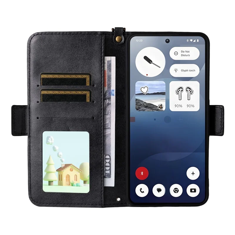 Custodia in pelle per Nothing Phone (3a) con chiusura magnetica, supporto e tracolla - Nero